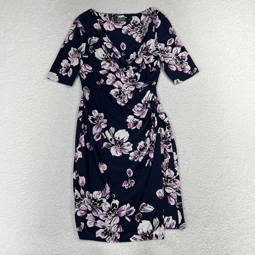Lauren Ralph Lauren Dress Women 8P Navy Purple Floral A Line 3/4 Sleeve Knee